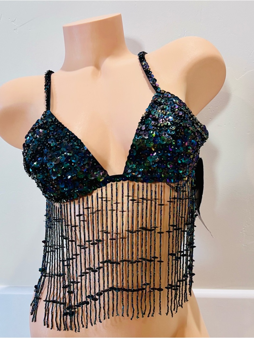 Vintage 90’s sequined bra top with beaded fringe sz L black bling festival